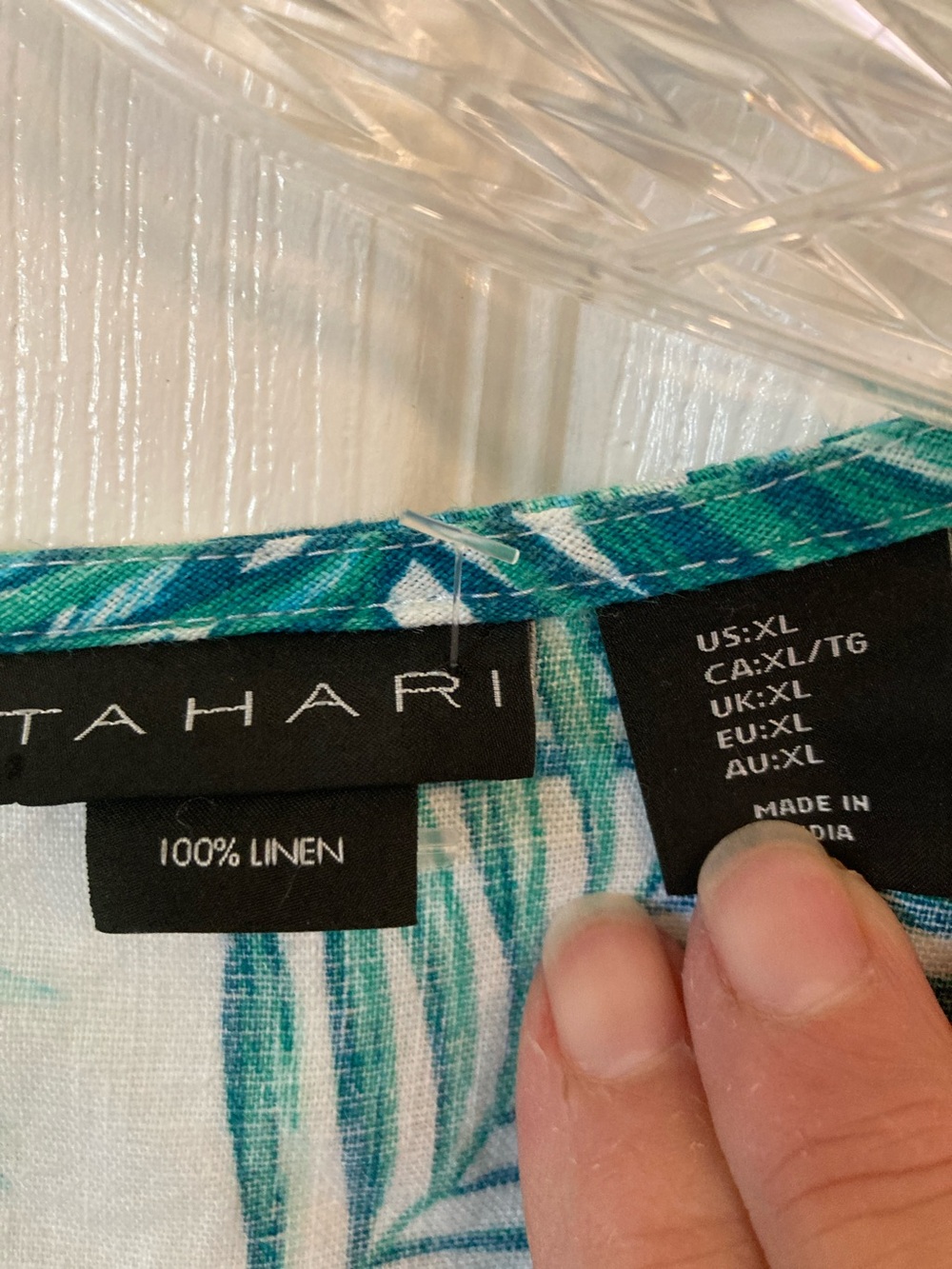 Tahari White Linen Dress with Teal and Green Palm Print - Picture 2 of 6